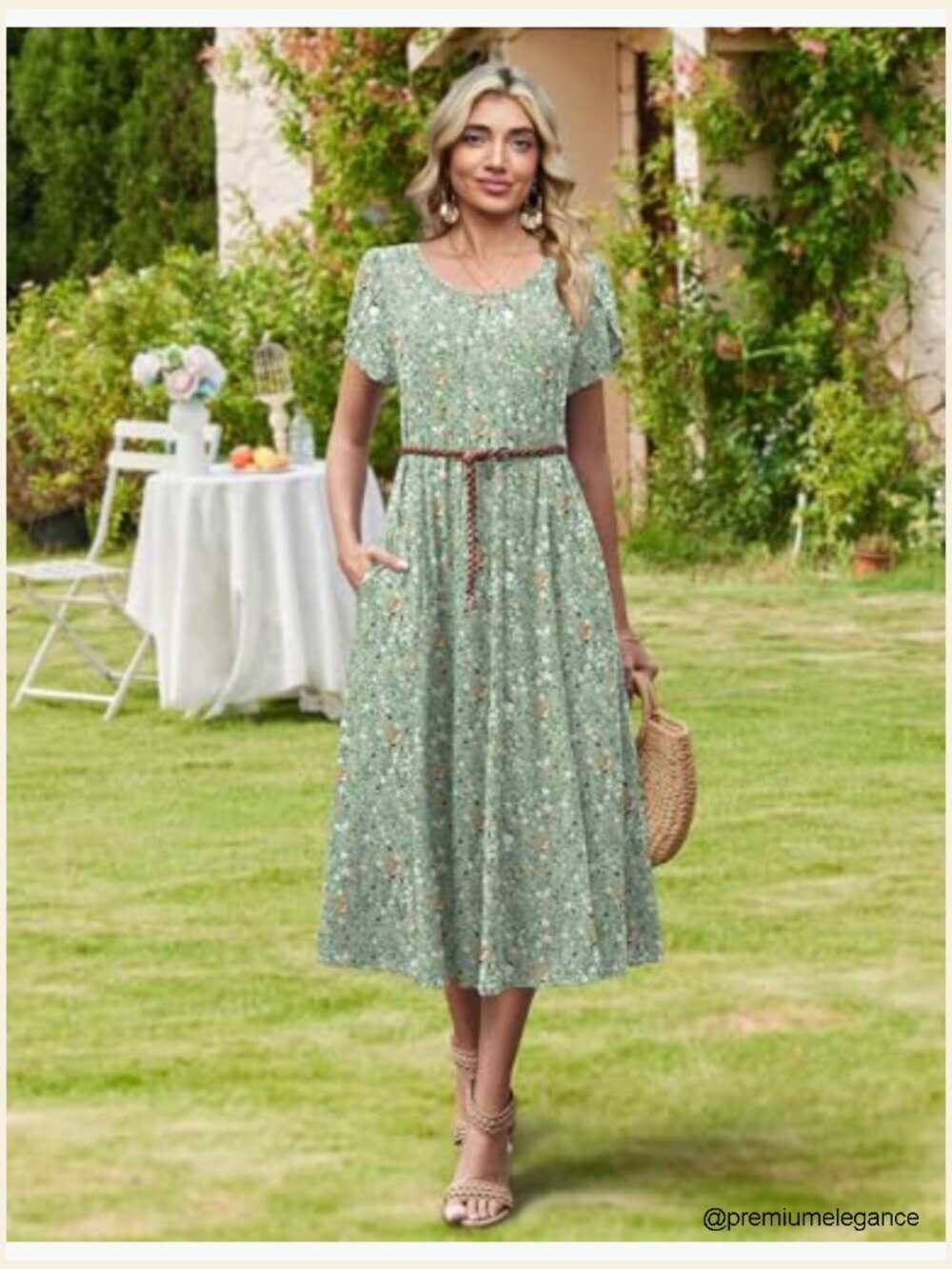 Loose Fit Midi Dress with Petal Sleeves, A-Line Flare, Two Pockets - Picture 5 of 7